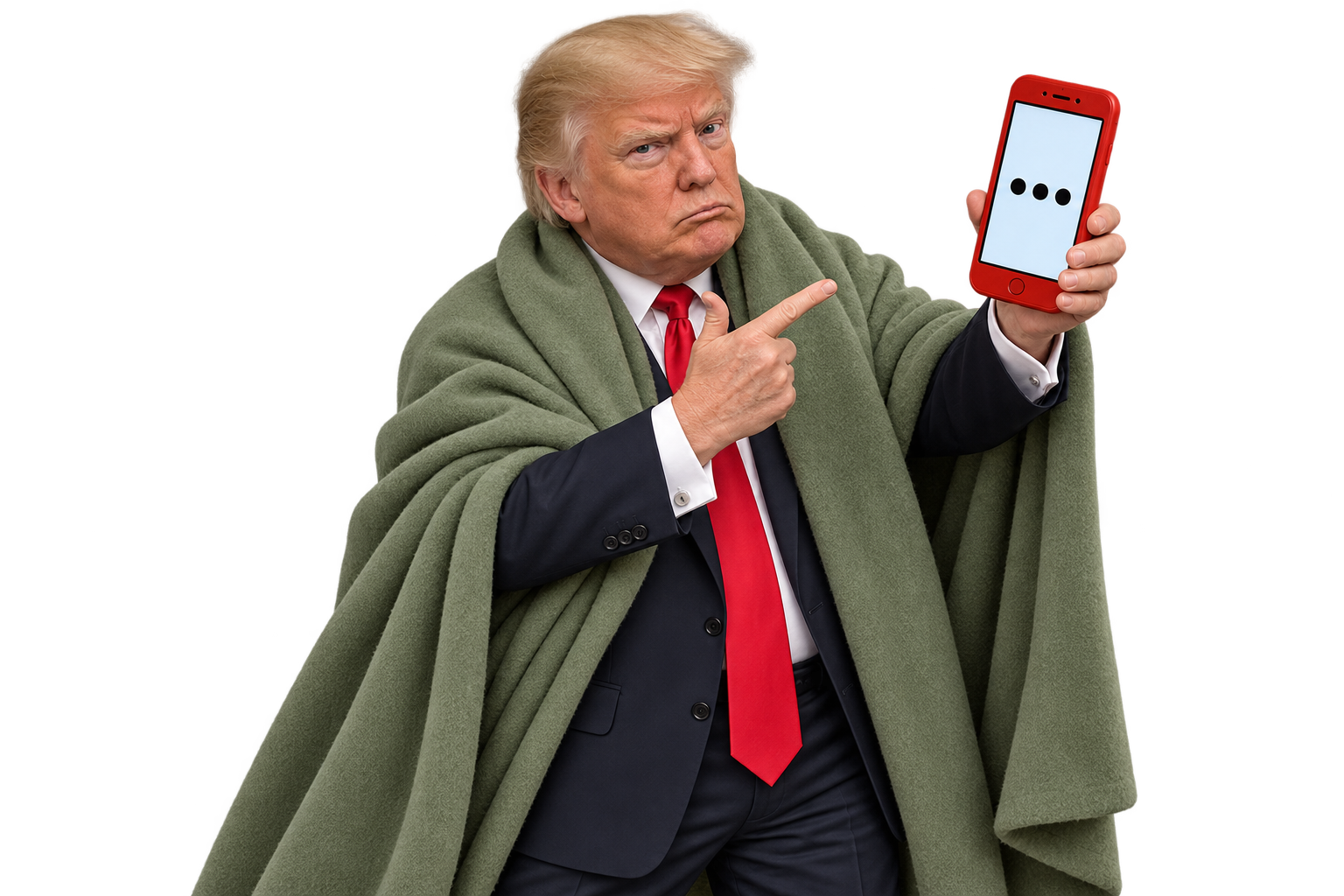 TRUMP TEXTIT suspiciously pointing at a red phone